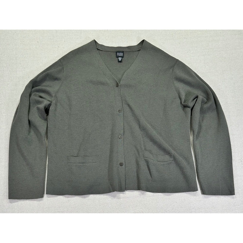 Eileen Fisher Taupe Green V-Neck Button Cardigan